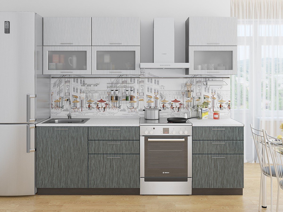 Кухня Валерия-М-01 2140*1800*600 Серый металлик дождь светлый/Черный металлик дождь