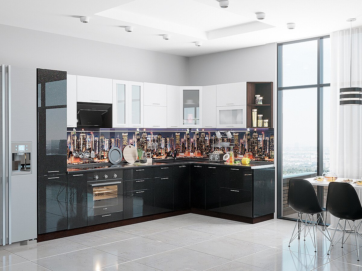 Кухня Валерия-М-05 2140*2690/1790*600 Белый металлик/Черный металлик