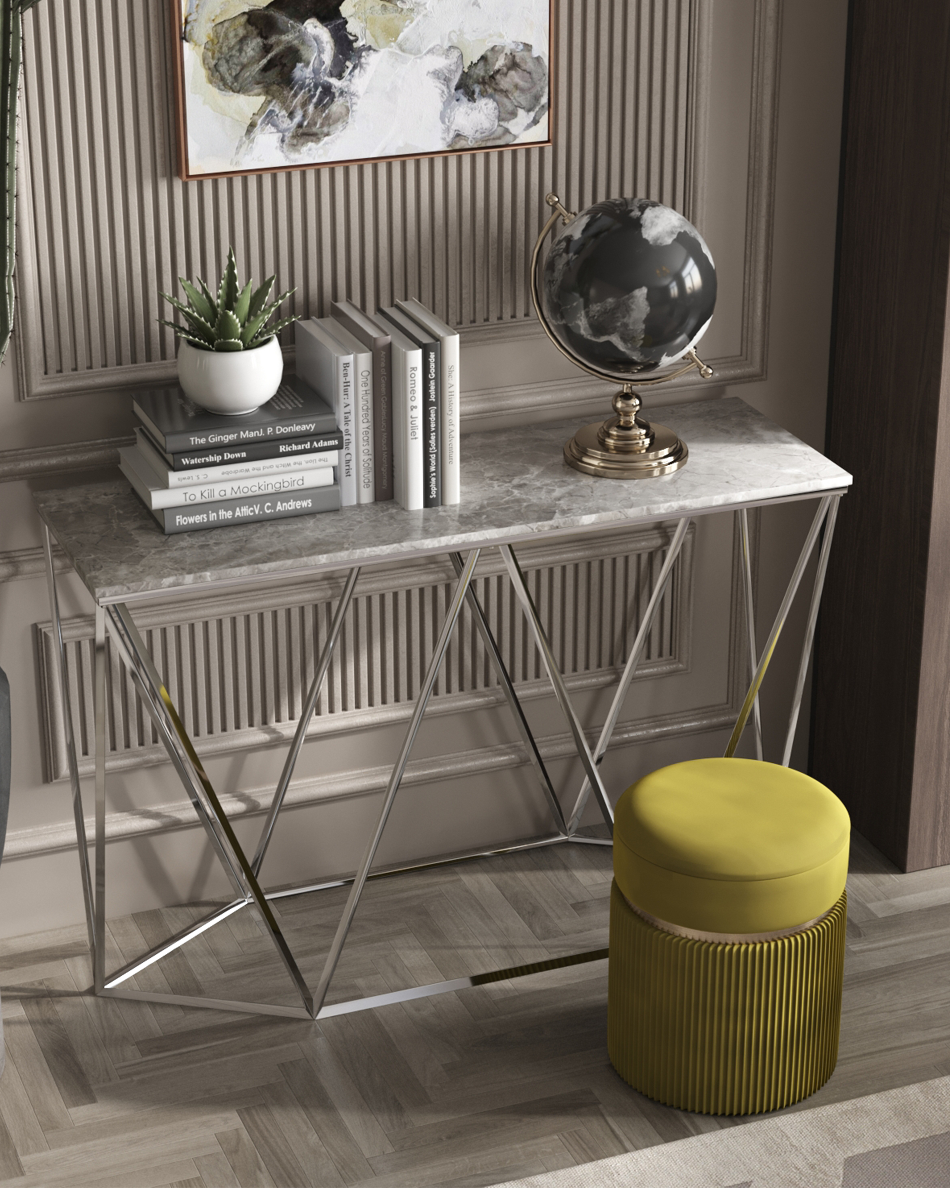 Консоль Авалон 122*41 серый мрамор сталь серебро из Италии